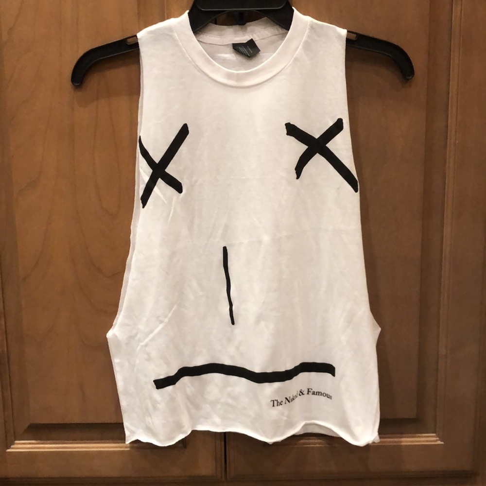 New Naked and Famous frowny face graphic high neck cropped cut off muscle tank
